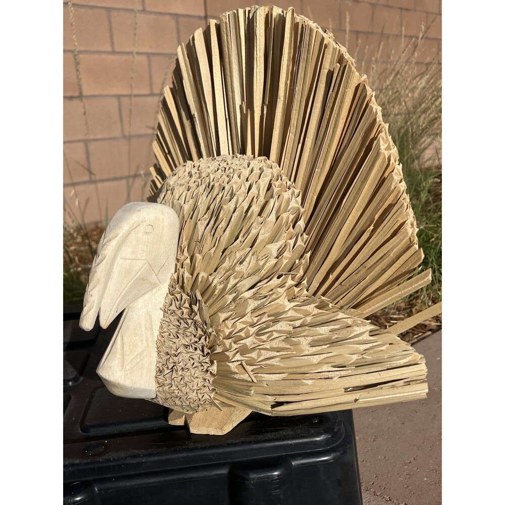 Vtg Handmade Turkey Figurine Natural Shaved Wood Feathers Thanksgiving Decor 12”
